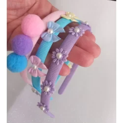 kit 3 Lindas Tiaras infantil/Arquinho Colorido Com Pompons Flores e Lacinhos