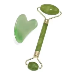 Kit 1Rolos Massageador Pedra De Jade Massagem Facial +Placa Facial Gua Sha