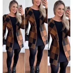 Cardigan Feminino Xadrez Tricot Tricô Cor Marrom