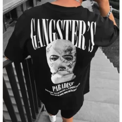 Camiseta Masculina de Algodão hip-hop, Tops Vintage Solto, Estampa Gangster Novo!