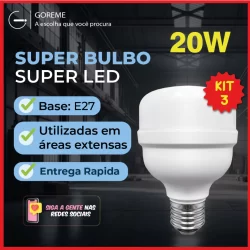 Kit 3 Super Bulbo Lâmpada Led 20w E27 Alta Potência Luz Branca 6500k Bivolt 110-220V