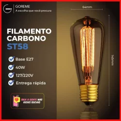 Lâmpada Filamento Carbono ST58 40W E27 LUZ QUENTE (AMARELO) Âmbar 110V~220V