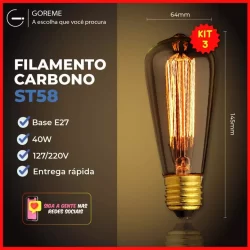Kit 3 Lâmpada Filamento Carbono ST58 40W E27 LUZ QUENTE (AMARELO) Âmbar 110V~220V
