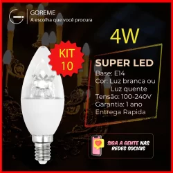 Kit 10 Lâmpada led para Lustre Vela 4W E14 Decoração Bivolt Branco Frio 6500K (Luz Branca) | Branco Quente 3000K (Luz Amarela)
