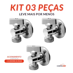 Kit 3 peças - Registro Válvula Esfera Torneira Metal Alavanca Máquina Lavar Roupa/Louça 1/2