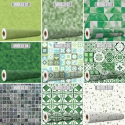 Papel de Parede Auto Adesivo Tons de Verde Pastilhas Azulejos Retrô Português Lavável Cozinha Banheiro