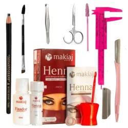 Kit Design de Sobrancelha Makiaj Henna + Navalha +Pinca + Tesoura + Lapis + Pincel Duplo +Paquimetro + Escovinha
