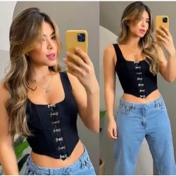 Cropped Corset Ponta de Bico Colchete Corselete Alça Larga