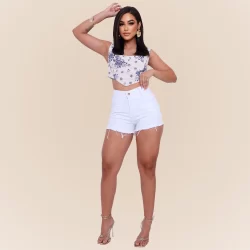 Shorts Jeans Premium Feminino de Cintura Alta Rasgado Barra Desfiada com Bolso Estiloso