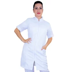 Jaleco Acinturado Manga Curta Oxford Feminino Com Zíper Branco Dentista Profissional Estudante