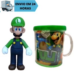 Kit Conjunto Boneco Colecionável Luigi Articulado Super Mario + Caneca Personalizada