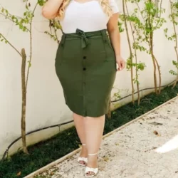 Saia Plus Size Midi Elegancia 6 Botões e Laço Cintura T 48 ao 54