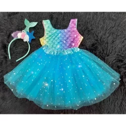 fantasia infantil sereia kit 3pçs tiara saia tule com led  azul rosa Carnaval festa colan  a fantasia.