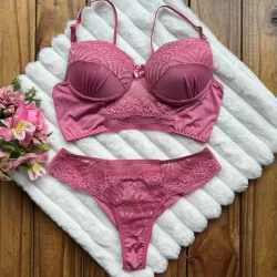 Conjunto De Renda Lingerie Sexy Sutiã Com Bojo Calcinha Microfibra Sutian BELA