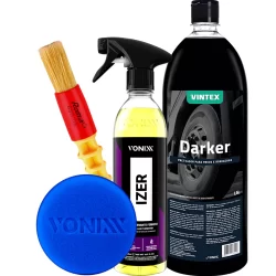 Darker Selante Preteador Pneu Pretinho + Izer Descontaminante Ferroso Limpa Rodas Vonixx Pincel Roma Aplicador de Espuma
