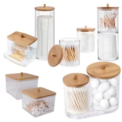 Organizador de Cosméticos Acrílico Porta Algodão Cotonete tampa Bambu