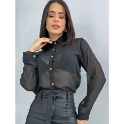 Camisa Blusa Social Transparente Manga Longa Botões
