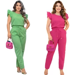 Kit 02 Peças Conjunto Feminino Casual Elegante Blusa Calça em Linho com Babado Na Manga Cores Verão 2025 Roupa Feminina