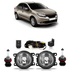 Kit Par Farol de Milha Auxiliar Logan 2014 2015 2016 + Par Lâmpada Halógena Completo Lente Lisa Vidro