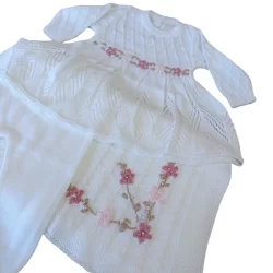 SAÍDA MATERNIDADE TRICOT 3 PÇS BORDADO LUXO VESTIDO PARA MENINA GRAZI