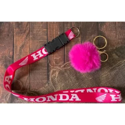 Chaveiro Cordão Honda Motos Rosa + Pom Pom Rosa
