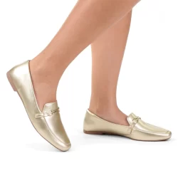Sapato Mocassim Feminino Donatella Bico Quadrado Metalizado Santorine Casual Enfeite