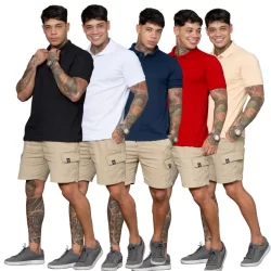 Kit 5 Camisas Polo Piquet Lisas Masculina Algodaão Coloridas