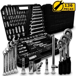 Kit Jogo De Ferramentas 136 Peças Soquetes Aço Cromo Vanádio Cr-V Completo Profissional Original