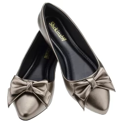Sapatilha Feminina Bico Fino Rasteira Scarpin Mule Shekinah Metalizada Confortável Laço Macia