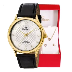 Relógio Champion Feminino Analógico Dourado Couro + Kit Colar e Brincos Original À Prova D'Água Mulher Barato CH22706W