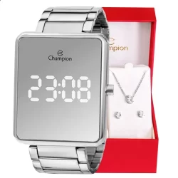 Relógio Champion Feminino Digital Espelhado Prata CH40086S + Kit Colar e Brincos, presente tendência para mulheres.