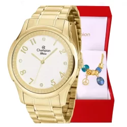 Relógio Champion Feminino Analógico Dourado + Pulseira Berloques Original À Prova D'Água Presente Moda Gift Aniversário Tendência Estilo Mulher Esposa Namorada Mãe Barato CN26402W