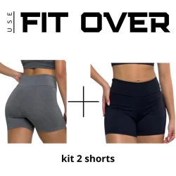 Kit 2 shorts fitness feminino liso - bermuda - meia coxa - cós alto - corrida - suplex - academia - cross fit - fit over