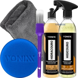 Limpa Couro Higicouro Vonixx + Hidracouro Vonixx + Toalha Microfibra + Aplicador e Pincel para Detalhamento Kit