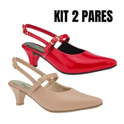 KIT 2 PARES Slingback Feminino Scarpin Sapato Salto Baixo Bico Fino Lóris 205-01
