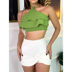 Cropped maravilhoso Paula com alça babado duplo  detalhes nas costas alfaiataria tendencia feminina scuba final de ano