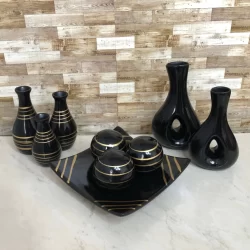 Trio Kit Enfeite Rack Sala Peça Completo Dupla Decoração Fruteira Mesa Preto Gold Desenho