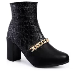 Bota Feminina Lumiss Salto Alto Bloco Grosso Cano Curto Corrente Brilho Confortável Zíper Blogueira
