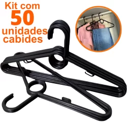Kit 50 Unidades de Cabides para Roupas Preto Reforçado