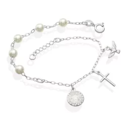 Pulseira Feminina de Prata 925 Pérola e Pingentes Religiosos pendente