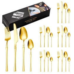 Kit 24 Peças Talheres Dourado luxo De Aço Inox Jogo De Talheres Garfo  Faca e Colher De Café