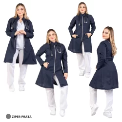 Jaleco Personalizado Feminino Acinturado Com Zíper Em Oxford Bordado Grátis