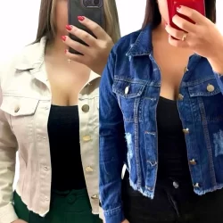 Kit 2 Jaquetas Jeans Feminina Bege Nude e Escura Desfiada Linha Premium