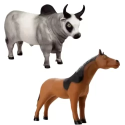Kit 2 Animais Da Fazenda Grandes Touro 30cm + Cavalo 32cm Em Vinil Macio Brinquedo Fazendinha