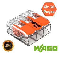 Kit 30 peças conector Wago original 221-413 emenda 3 polos 4mm² 32A conexão automática
