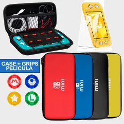 Case para Nintendo Switch Lite Kit Proteção Estojo 8 Slots Película Vidro Temperado 9H + 4 Grips Bag