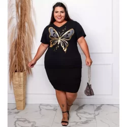 Blusa Preta Estilosa Feminina Estampa Borboleta Dourado Moda Casual Fashion