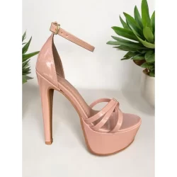 sandália feminina salto alto 15 cm nude verniz confortável firme mega pata com tiras