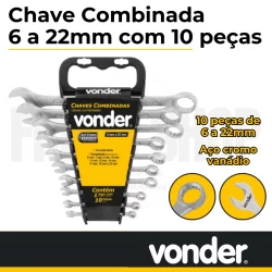 Jogo de chaves combinadas, 6 mm a 22 mm, aço cromo vanádio, 10 peças, Vonder
