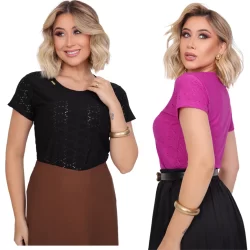 Kit 2 Blusas Feminina Casual Malha de Manga Curta e Detalhe de Metal